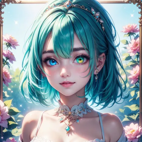 Psychedelic World、Commemorative photo、White casual shirt、beautiful girl、、, 1 cute girl、(Positive), (If you look at this), (Very delicate and beautiful face)、(Beautiful eyes in every detail)、((((Heterochromia - Green and blue eye color))))、Through Bangs, Li...