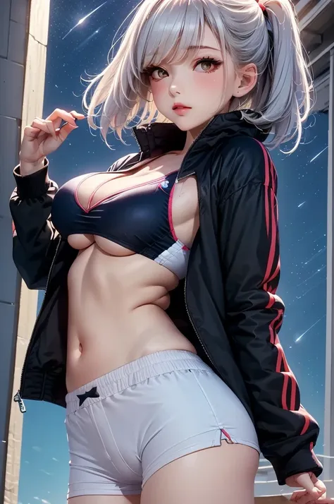 masterpiece, best quality, 1girl, medium breasts, underboob:1.3, white hair, beautiful, sky, night, star, moon, sports wear, spo...