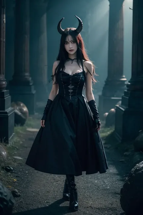 , Perfect Eyes, Soft Light, high quality, 4K resolution, masterpiece: Fine skin, Attention to detail, 最high quality, Awards, Very detailed, high quality, devils queen、Horned goat, Gothic Dress, Living in the depths of hell, Lava flow, Blue long hair, blue ...