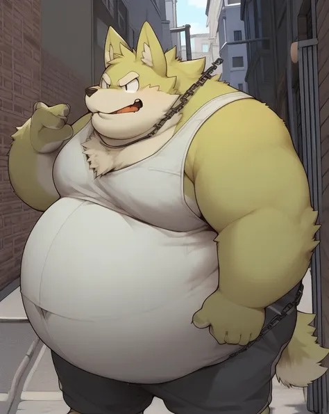 nj5furry, fat hairy boy, lobo, yellow fur, obese, big belly, large pectorals, white tank top, chain on the neck, black baggy swe...