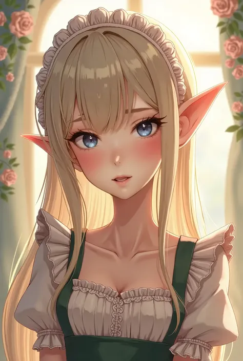 Shy elf anime girl, wearing shy round glasses, wearing a maid outfit, cream hair, green eyes, bare chest, blushing