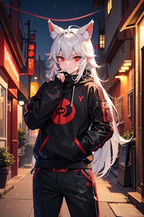 man, humanoid wolf, furry, man, pose, Modern casual clothing, city alley background, Evening, red eyes, crescent-shaped pupils, man.