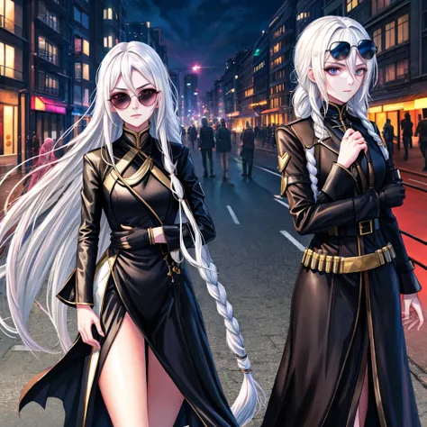 Ultra Quality, Shiny Skin, Atmospheric, 8K, Cinematic, ((Street background)), BREAK, ((Long White Hair)), narrowed black eyes, long black dress, fingers crossed, Sunglasses