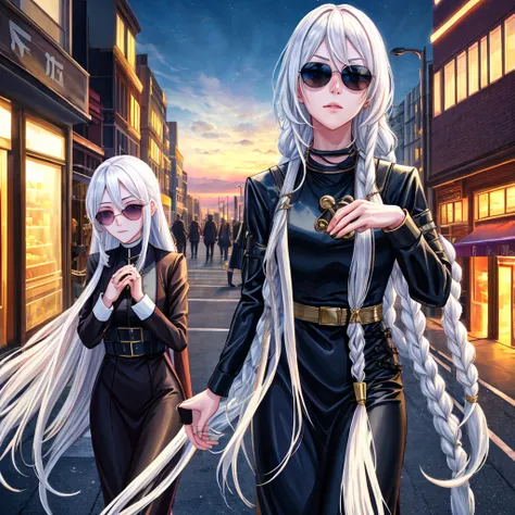 Ultra Quality, Shiny Skin, Atmospheric, 8K, Cinematic, ((Street background)), BREAK, ((Long White Hair)), narrowed black eyes, long black dress, fingers crossed, Sunglasses