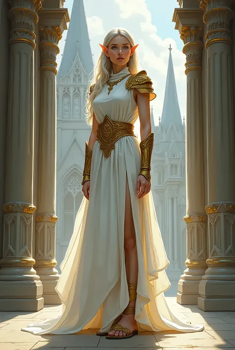 In RPG style, in style of Dungeons & Dragons, in style of fantasy painting. An illustrated movie poster, hand-drawn, full color. Full body view, image of a  female Elf priest. In White robe without sleeves, gold inserts, gold bracers, gold shoulder pads, n...