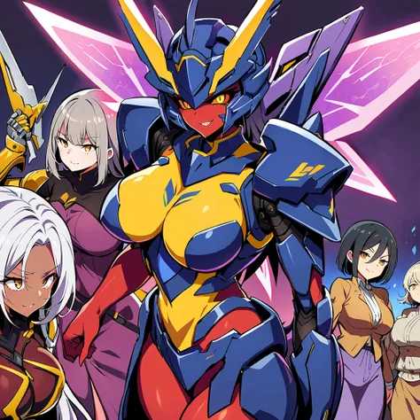 Anime, high detailed, multiple womans, mature womans, indigo mecha armor, large mechanical wings, evil grin, large clawed Gauntlet, red skin, curvy body, long mechanical tail,black sclera、Colored sclera、crimson Colored skin、Yellow Eyes, elongated pupils,  ...