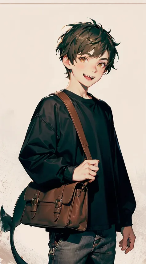 1boy shark boy, dark green hair, golden eyes, dark blue shark tail, sharp teeth, smiling, looking at viewer, grunge Brown clothes (genre), brown satchel bag, 