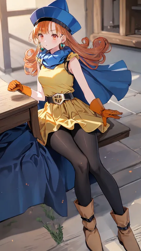 Arena - DQ4, DQ4 Arena,Black Pantyhose,青いCape,Blue hat,boots,Curly Hair,Earrings,Long Hair,Orange Gloves,Orange Hair,Red eyes,Sleeveless,yellow dress,Yellow Skirt, 1 girl, Alone, One girl,Alone,DQ4-Arena,Long Hair,Purple eyes,Orange Hair,Sleeveless,Black P...