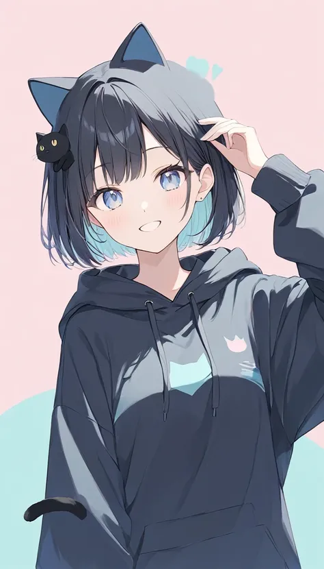 Light pastel colours、 blue based color scheme、black hoodie、black Hair、Girl posing、very smile、Short Bob,:d、Put a black cat on your head