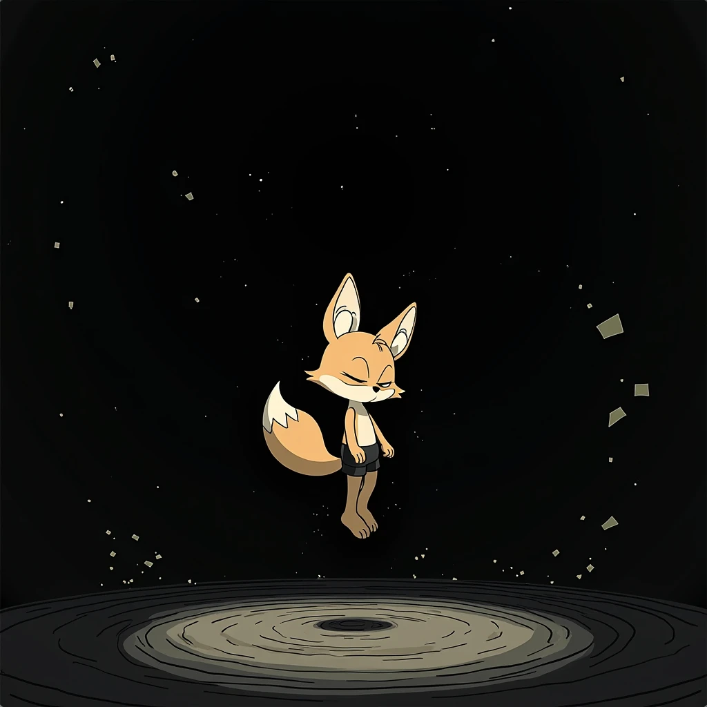 The digital world glitches and dissolves around him, pixel by pixel, until there is nothing but an endless, dark void. CHARACTER, a fox-like figure, hovers in mid-air, his limbs slack and his eyes half-closed. His body begins to drift, weightless, as if al...