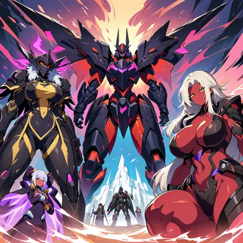 anime, high detailed, multiple womans, mature womans, dark ebony mecha armor, large mechanical wings, evil grin, large clawed ga...