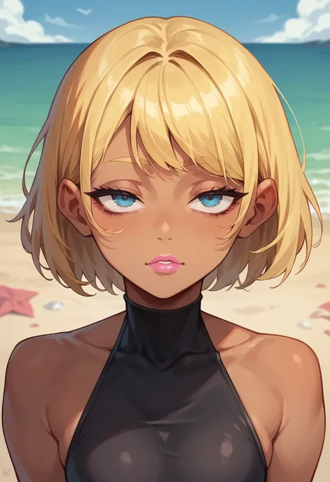 Sexy girl, tanned skin, yellow hair, Bob hair, fainted face, half closed eyes, pink lipstick, blue make up eyes, make up, black leotard, in beach 