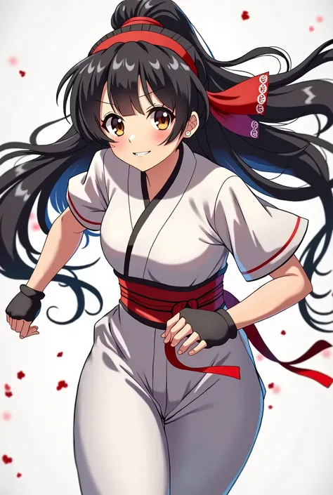 masterpiece, best quality, 1girl, solo, nakorurums, red bow, bow, long hair, hair bow, ainu clothes, hairband, black hair, fingerless gloves, short sleeves, gloves, sash, bangs, red hairband, breasts, brown eyes, white pants, japanese clothes, light smile,...