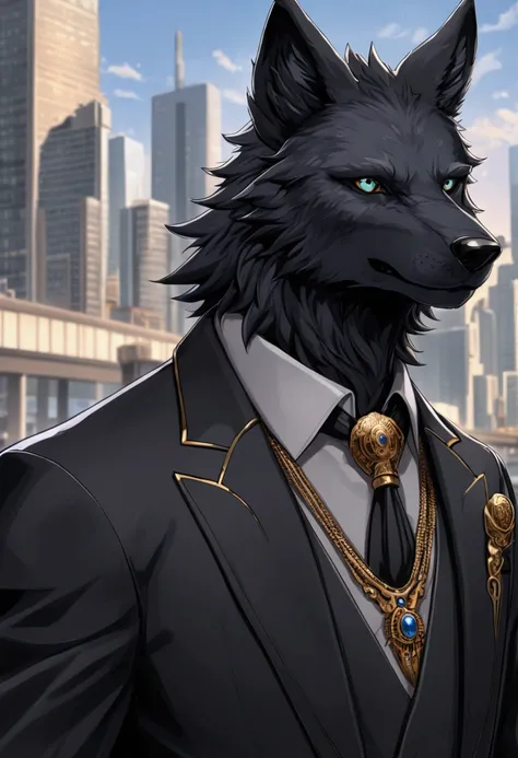 Black wolf male humanoid, portrait, city background, furry.