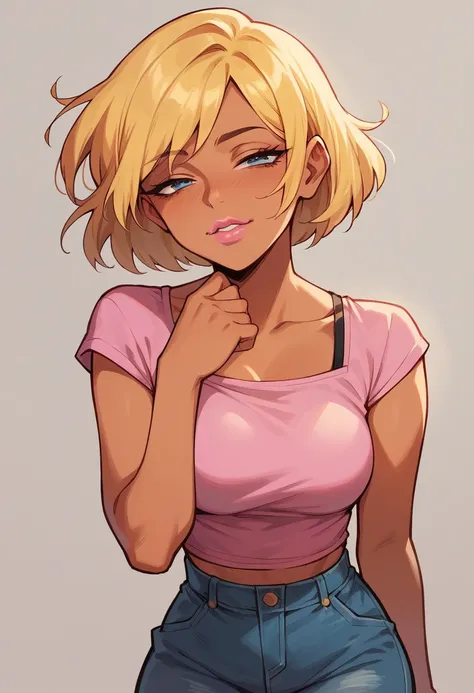 Sexy girl, tanned skin, yellow hair, Bob hair, fainted face, half closed eyes, pink lipstick, blue make up eyes, make up, pink top, jean skirt,