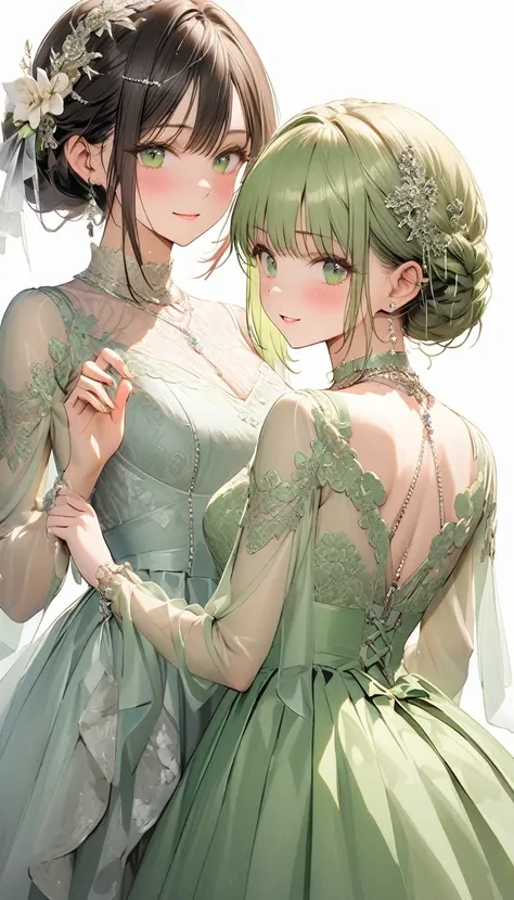 ((High quality work)), The lines are clear and concise, The green dress and the beautiful pleated lace complement each other., Enrich the overall photo layer, The elegant Edwardian lace dress and princess skirt add a lot of charm to the character., Gesture...