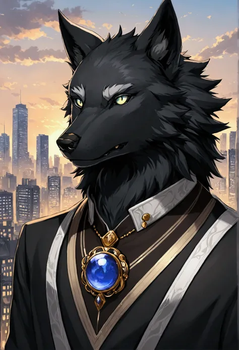 Black wolf male humanoid, portrait, city background, furry.