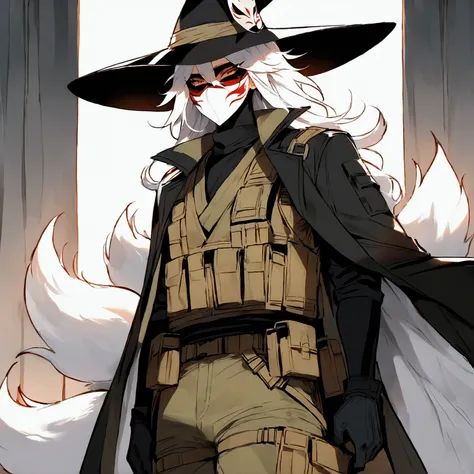 (solo), high detailed, (masterpiece), best quality, expressive eyes, perfect face, Male, Masked, handsome kitsune, male Kitsune, Fox boy, tall, lean male Kitsune with silver hair and black tips, sharp golden eyes, and three sleek fox tails. 
Wears a wide-b...