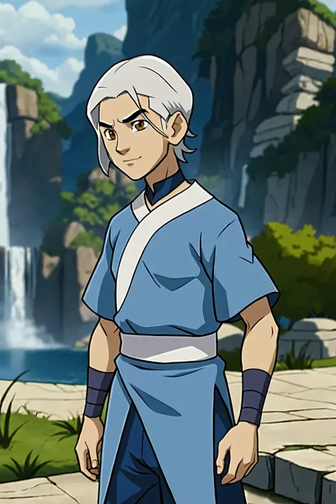 avatar the last airbender, male character, white hair, short hair,brown eyes, water tribe clothes