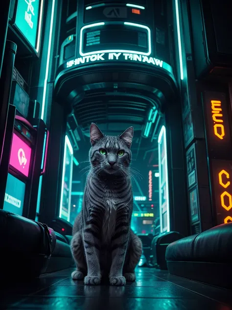 a close-up picture of a big grey cat in the futuristic cyberpunk neon tron world, cyberpunk city landscape, detailed intricate a...