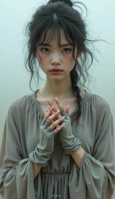 Young woman messy hair, grey light clothes and gloves that only cover the palm of the hand 