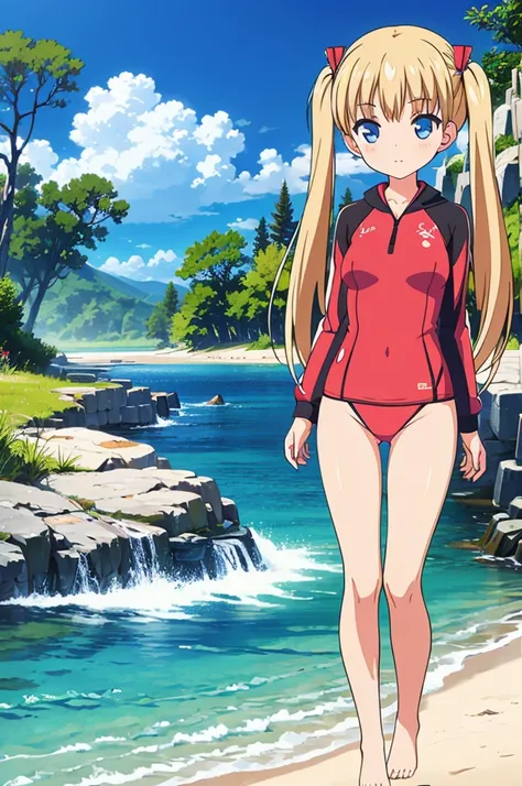 1 beautiful tinny girl, great image quality, ray tracing , dark red swinsuit, blue eyes, perfect anatomy, full body, sea background