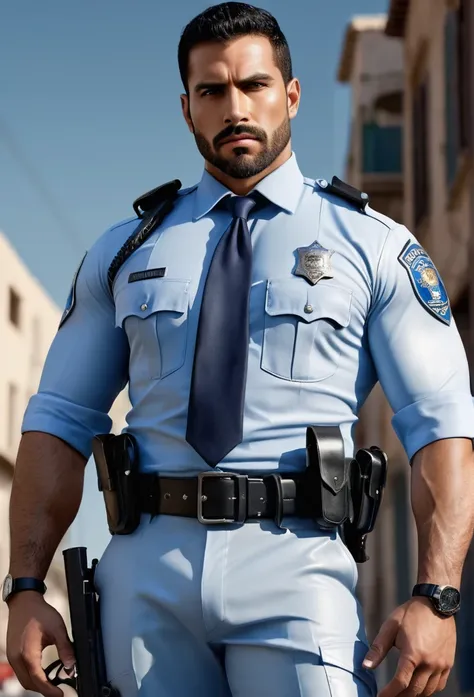 wallpaper, hombre Muy handsome, latino , strong and manly,  with muscles and stocky, eyes , in a detailed tight-fitting white and blue leather police uniform with tie,  police badges, strong and muscular legs, big lump,  lovely eyes, sexy, handsome, eyes, ...