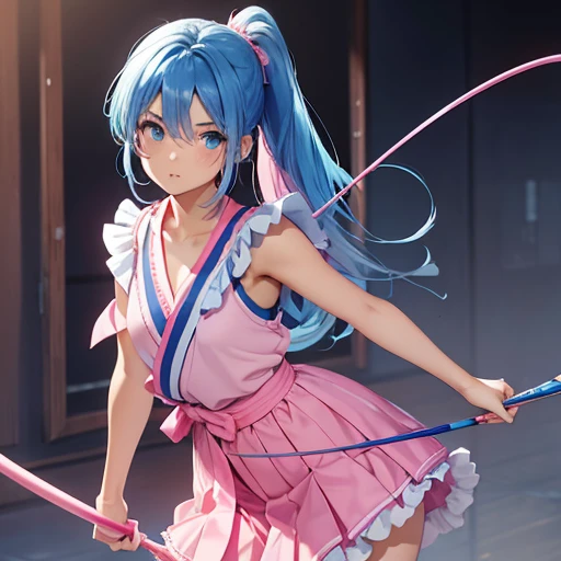 a petite teenage fem boy  with blue hair in a ponytail, blue eyes, wearing a pink hakama , silky archery uniform with light pink very frilly Halter-Neck feminine blouse and a short pink feminine frilly skirt, revealing and bold pose, full body shot, femini...