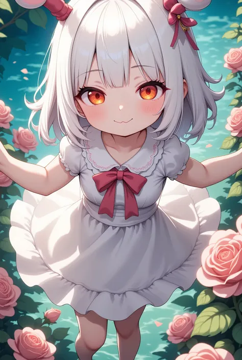 solo,1girl\(chibi,cute,kawaii,small kid,white hair,long hair,bangs,ear\(fluffy,white,rabbit-ear\),red eye,big eye,beautiful shin...