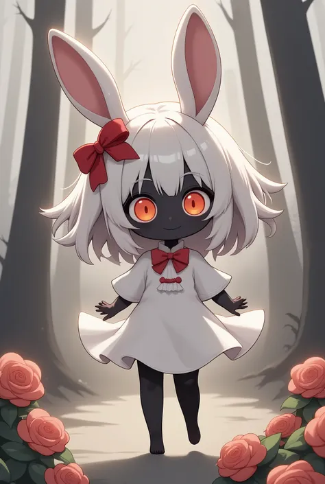 solo,1girl\(chibi,cute,kawaii,small kid,white hair,long hair,bangs,ear\(fluffy,white,rabbit-ear\),red eye,big eye,beautiful shin...