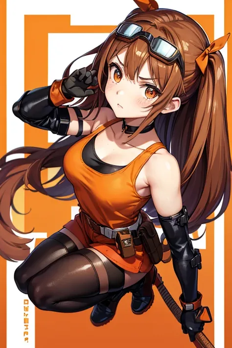 Anime Art、Full body portrait、Characters of the early modern period、Background blank、A female pilot standing upright, about 150cm tall, about , wearing an orange tank top and orange shorts、Wears goggles on his forehead、She is wearing black tights that cover...