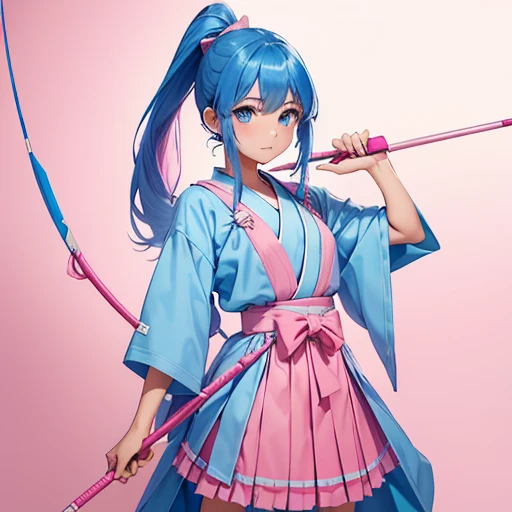 a petite teenage fem boy  with blue hair in a ponytail, blue eyes, wearing cute feminine a full pink hakama , silky archery uniform with light pink very frilly Halter-Neck feminine blouse and a short pink feminine frilly skirt, revealing and bold pose, ful...