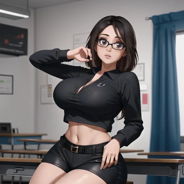 a cute petite short skinny slightly curvy emo mexican girl, short wild volumetric hair, one wearing glasses, beautiful detailed ...