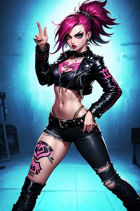 (a punk rock girl,edgy style,intimidating attitude,rock n roll sign),graffiti background,piercing eyes,punk hairstyle,leather jacket,ripped jeans,studded accessories,heavy eyeliner,skull tattoo,aggressive pose,concert atmosphere,vibrant colors,dramatic lig...