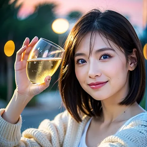 (Realistic, 超Realistic:1.4), 16K HDR, High resolution,(Wine Glasses),(Wine bottle),(Champagne glasses),Age 33,3,Happy smile、short hair,The best smile、Japanese actress,so beautiful(It looks like the real thing),dress、red wine、White Wine、Sparkling wine、Slim ...