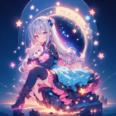 かわいいstarの妖精、Perfect Anatomy、Full body Front portrait、Front、Front facing the viewer、One girl,Best Quality、masterpiece、Official Art、Super detailed、Very beautiful、Cute starの妖精、Gray Hair、Straight long hair、milky way、universe、star charm、star、baby face、Knee-high...