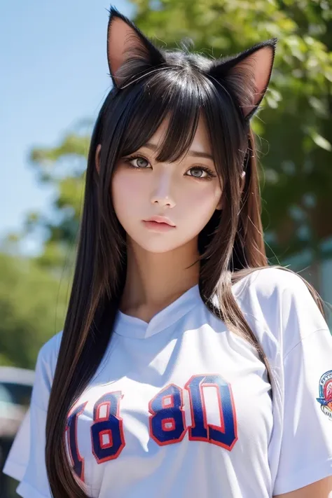 One girl, High resolution, chest, Baseball shirt、Cold eyes, long hair, Big Breasts、PsychedelicVery Long Hair, Cat ears