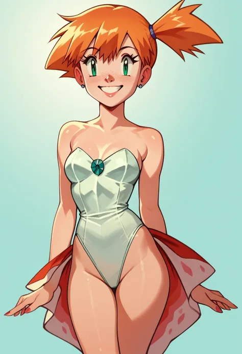 1girl, alone, misty \(pokemon\), side ponytail, g0ld33n skirt, green eyes, strapless white leotard, high cut leotard, smile,