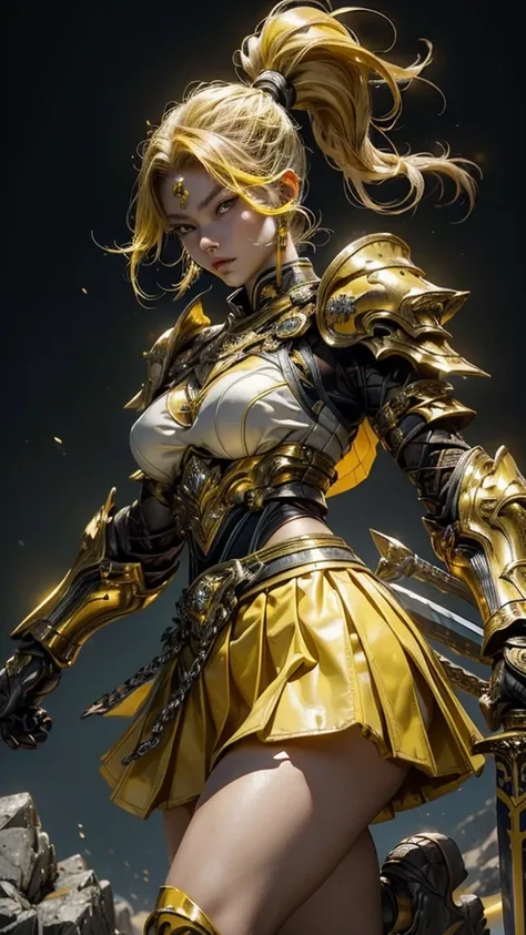 （masterpiece:1.3),(best quality:1.4),(actual:1a.4）,Mountain.rock,Japanese female warrior,Twin ponytails,Yellow head armor,Big breasts,Chest yellow gemstone jewelry,complex,reality,Armor design,yellow armor,.Yellow skirt,yellow shoes,Hand yellow sword shiel...