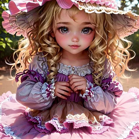 Close up of child wearing hat and dress, very Cute and childlike, Cute and lovely, dressed in frills ((ragged)), Charming Bohemian Princess, beautiful and Cute, curly blonde, Cute beautiful, beautiful Cute, beautiful , lovely and Cute, young and Cute, Cute...