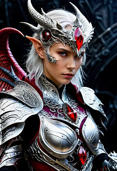 surreal　very detailed　Ultra fantasy　Ultimate Details　ultra high resolution　 　light eyes　silver Hair　　　murderer　gorgeous, textured and intricately designed armor　Dragon head on right shoulder　mechanical Engineering　Mechanical Art　　.　Intricate and elaborate ...