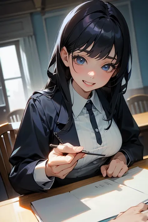 (Highest Resolution, Clear_image) Please redeem, One woman, Alone, masterpiece, Very detailed, Semi-realistic, Black Hairのショートヘア, Black Hair, bangs, 1, Mature, light blue Uniform, Uniform, Indoor Background, kind, Authoritative, Powerful, Great Features, G...