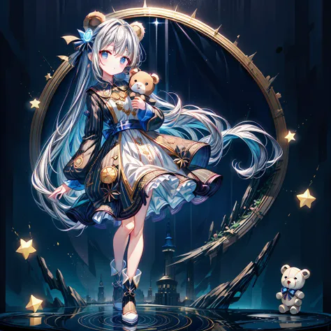 starの妖精、Full body Front portrait、Front、Front facing the viewer、One girl,Best Quality、masterpiece、Official Art、Super detailed、Very beautiful、Cute starの妖精、Gray Hair、Straight long hair、milky way、universe、star charm、star、baby face、Knee-high boots、Giant stuffed...