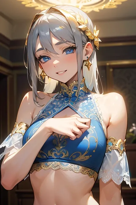 (masterpiece: 1.2, Best Quality), (Actual Photos, Intricate details), 1. woman, Alone, Casual upper body, Shoulder-length hair Minimal makeup, Natural materials, , Home, ((Gray Hair)).blue eyes, bare shoulders、Toothy smile、((White lace outfit))、((blue eyes...