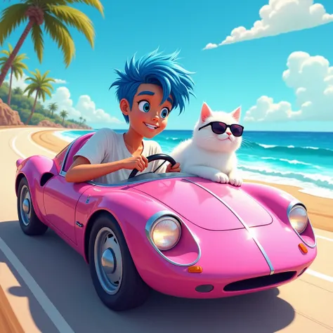 A young man with blue hair is driving a pink car.. He has a fat white cat that wears sunglasses.