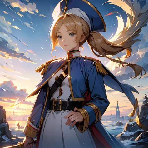 An elegant female soldier in the style of Napoleon Bonaparte. She was inspired by the French Empire、Dressed in elaborate 19th century military uniforms, Blue coat with gold embroidery, Feather on a bicorne hat, And the belt was around his chest. Her face i...