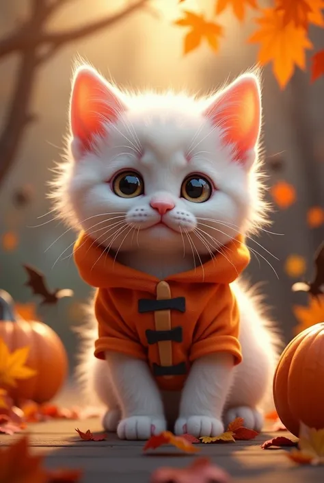 Cute white kitten dressed in Halloween costume, playful expression, surrounded by colorful autumn leaves, pumpkins, and spooky decorations, Pixar animation style, vibrant colors, whimsical atmosphere, highly detailed, soft lighting, showcasing adorable fea...