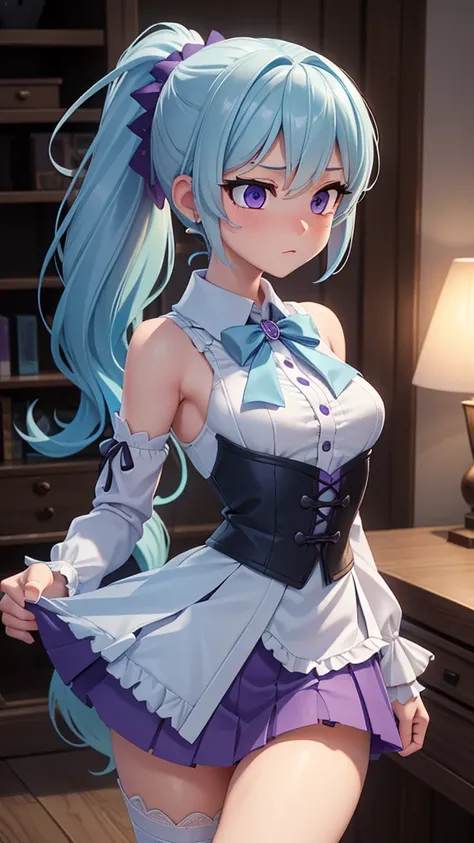 best quality, Highly detailed, sharp focus, slender, [small breasts], {{embarrassed}}, ponytail, lace trim,Open the heart of the skirt,Female genitals,Light blue hair, Purple eyes