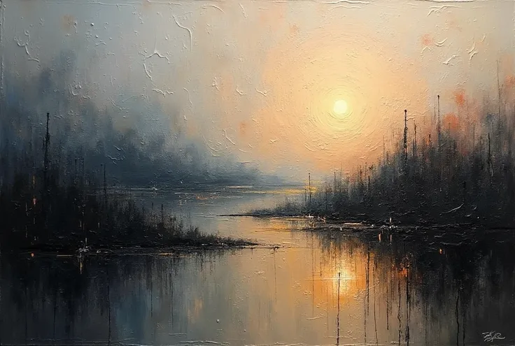 a thick textured oil painting, impasto brushstrokes, dry brushing,revealing underlayers, abstract landscape, moody lighting, dramatic shadows, The overall atmosphere is one of serene intimacy,warm glow of the fading d