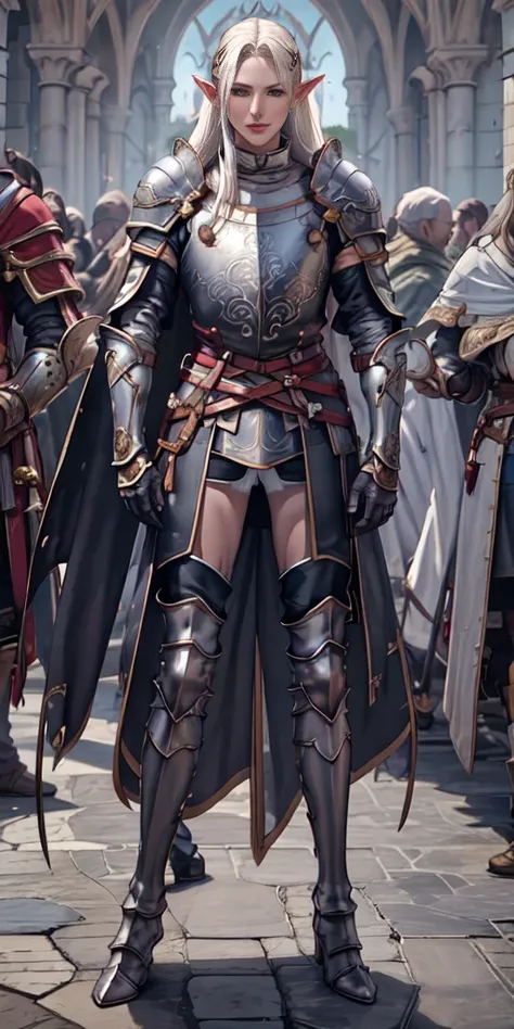 masterpiece, best quality, high quality, white SKIN elf, long hair, white hair, yellow eyes, full body, def_effie, blue breastplate, white skin, looking at viewer, shiny, armor, thigh highs, high boots, shoulder armor, faulds, poleyn, gloves, gauntlets